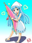  1girl bare_shoulders blue_hair child dress heart hiroshi_ohnuma holding ikamusume long_hair looking_at_viewer open_mouth sandals shadow shinryaku!_ikamusume simple_background solo standing tentacle_hair white_dress 