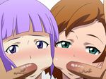  2girls blush breasts brown_hair cheek_bulge fellatio fram_nara green_eyes gundam gundam_age hair_bun kame_(artist) multiple_girls oral penis purple_eyes purple_hair romary_stone short_hair tied_hair 