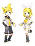  1girl aqua_eyes blonde_hair boots bow chibi closed_mouth detached_sleeves full_body hand_on_hip headphones ixima kagamine_len kagamine_len_(vocaloid4) kagamine_rin kagamine_rin_(vocaloid4) navel necktie official_art open_mouth sailor_collar short_hair shorts smile standing standing_on_one_leg transparent_background v4x vocaloid 