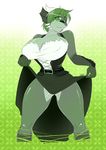  2016 abstract_background anthro belt big_breasts blush breasts cleavage clothed clothing dragon dress eyewear female glasses green_eyes green_hair green_skin hair horn looking_at_viewer reptile ryousakai scalie short_hair smile solo spikes standing thick_thighs 