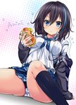  bad_id bad_pixiv_id black_hair blue_eyes blue_hair breasts eyebrows eyebrows_visible_through_hair food hamburger haruta_(806060) highres long_hair medium_breasts mole mole_under_mouth multicolored_hair original panties pantyshot plaid plaid_skirt school_uniform skirt solo two-tone_hair underwear 