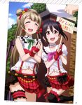  absurdres black_bow black_hair black_legwear bow brown_hair choker closed_eyes collarbone earrings fingerless_gloves garters gloves green_neckwear green_ribbon hair_bow heart_cutout highres holding jewelry leg_up long_hair love_live! love_live!_school_idol_project marugoshi_teppei midriff minami_kotori multiple_girls navel neck_ribbon open_mouth outdoors purple_bow red_bow red_eyes red_gloves ribbon shirt short_hair skirt twintails white_shirt yazawa_nico 