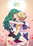  aqua_hair aqua_skirt bad_id bad_pixiv_id bishoujo_senshi_sailor_moon blonde_hair blue_bow blue_choker blue_sailor_collar bow choker closed_eyes couple earrings gloves gradient gradient_background hug jewelry jpeg_artifacts kaiou_michiru kiss long_hair multiple_girls mutual_hug neptune_symbol petals pink_background rose_petals sailor_collar sailor_neptune sailor_senshi_uniform sailor_uranus short_hair signature sitting sitting_on_lap sitting_on_person skirt sleeveless ten'ou_haruka uehara_xun uranus_symbol very_short_hair wavy_hair white_gloves yuri 