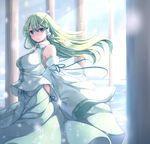  blue_eyes breasts detached_sleeves frog_hair_ornament green_hair hair_ornament hair_tubes highres japanese_clothes kochiya_sanae large_breasts long_hair looking_at_viewer nicoby nontraditional_miko skirt smile snake_hair_ornament solo touhou 