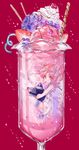  ahma bangs barefoot bishoujo_senshi_sailor_moon blueberry carrying cherry chibi_usa condensation cup dessert double_bun dress drinking_glass food food_in_mouth from_side fruit glass hair_ornament hairclip highres ice_cream ice_cream_float in_container in_cup knees_up leg_garter long_hair looking_at_viewer luna-p minigirl mouth_hold pink_background pink_hair pocky red_background red_eyes sleeveless sleeveless_dress solo sparkle strawberry strawberry_syrup submerged twintails whipped_cream white_dress wrist_cuffs 