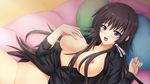  artist_request blush breasts brown_hair game_cg large_breasts long_hair lying muvluv muvluv_alternative muvluv_total_eclipse nipples no_bra no_panties non-web_source official_art on_back on_bed open_clothes open_mouth open_shirt purple_eyes ribbon shirt solo takamura_yui 