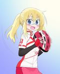 :d bicycle_helmet bike_jersey blonde_hair blue_background blue_eyes blush eyebrows_visible_through_hair fang fingerless_gloves glasses gloves hair_between_eyes helmet highres long_hair long_riders! long_sleeves number open_mouth red_gloves saijou_hinako short_over_long_sleeves short_sleeves smile solo sweat tokidome_zamao twintails 