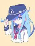  anchor_symbol blue_eyes blue_hair flat_cap hat hat_tip hibiki_(kantai_collection) kantai_collection long_hair looking_at_viewer neckerchief one_eye_covered school_uniform serafuku simple_background solo tonmoh upper_body 