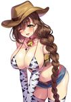  bad_id bad_twitter_id bell bell_collar bikini_top blue_shorts braid breasts brown_eyes brown_hair collar cowboy_hat denim denim_shorts elbow_gloves gan_(shanimuni) gloves hair_ornament hat highres huge_breasts kanpani_girls long_hair mole mole_under_eye shirayuri_sakura shorts single_braid solo thighhighs 