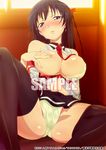  1girl black_hair blush breasts himekawa_hayuru long_hair looking_at_viewer masou_gakuen_hxh official_art panties sample sitting solo spread_legs 