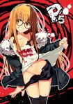  ahoge ariko_youichi bangs black_legwear blunt_bangs breasts brown_eyes glasses jacket legs_together long_hair looking_at_viewer medium_breasts navel no_panties orange_hair persona persona_5 pussy_peek sakura_futaba shirt shirt_lift shorts shorts_pull smile solo standing strap_slip teeth thighhighs 