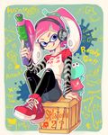  :d alternate_hairstyle arm_support bangs black_legwear blue_eyes blue_skirt blunt_bangs box daunii_(splatoon) denim denim_skirt drawing english full_body game_console headphones high_ponytail holding holding_weapon inkling jajji-kun_(splatoon) jellyfish_(splatoon) liruty long_hair long_sleeves looking_at_viewer on_box open_mouth pantyhose pencil_skirt pink_hair pointy_ears ponytail print_shirt raglan_sleeves red_footwear shirt shoes short_over_long_sleeves short_sleeves sidelocks sitting sitting_on_box skirt smile sneakers splat_roller_(splatoon) splatoon_(series) splatoon_1 splattershot_(splatoon) striped striped_shirt suction_bomb_(splatoon) tentacle_hair torn_clothes torn_legwear weapon wii_u 