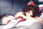  absurdres ass bare_shoulders bed bow brown_eyes brown_hair clothes_removed flat_ass hair_bow hair_tubes hakurei_reimu highres indoors japanese_clothes ke-ta lying miko non-web_source on_bed on_stomach red_bow scan short_hair solo touhou 