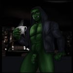  beverage body_hair clothed clothing coffee holding_object hoodie humanoid male not_furry open_shirt orc partially_retracted_foreskin penis presenting pubes solo tusks uncut vein veiny_penis vhyena 