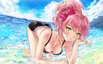  :d all_fours ass bad_id bad_pixiv_id beach bikini black_bikini blue_sky bow breasts cleavage cloud cloudy_sky collarbone day earrings grin hair_bow heart heart_earrings highres idolmaster idolmaster_cinderella_girls jewelry jougasaki_mika leaning_forward looking_at_viewer medium_breasts ocean open_mouth outdoors pink_hair ponytail red_bow sky smile solo sparkle swimsuit tr_(hareru) v w wading water wet yellow_eyes 