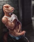 2016 abs alley anthro bulge clothed clothing clothing_lift corn_snake diddydoo digital_media_(artwork) digital_painting_(artwork) erection glans hextra humanoid_penis leaning looking_at_viewer male muscular night open_pants pants penis penis_grab precum reptile scalie shirt shirt_lift snake solo tank_top tongue tongue_out underwear yellow_eyes 