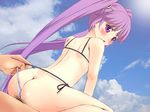  1boy 1girl :o ass bangs bikini blue_sky blunt_bangs blush clouds dutch_angle looking_at_viewer looking_back open_mouth pov pubic_hair pulling purple_eyes purple_hair sex sky solo_focus sophie_(tales) string_bikini swimsuit tales_of_(series) tales_of_graces twintails 