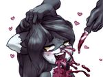  &lt;3 anthro black_hair blood blush cat crookedtrees cut_throat disembodied_hand feline female fur gore hair hair_grab half-closed_eyes killing knife mammal multicolored_fur nosebleed open_mouth simple_background smile snuff two_tone_fur violence white_background yellow_eyes young 