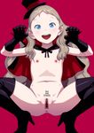  !! 1girl black_gloves blonde_hair cape clitoris costume english female flat_chest gloves halloween hat looking_at_viewer navel open_mouth original shiny shiny_skin simple_background solo squatting takatou_sora 