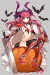  armor bat bikini_armor blue_eyes blush chocoan commentary dragon_tail elizabeth_bathory_(brave)_(fate) elizabeth_bathory_(fate)_(all) fate/grand_order fate_(series) greaves horns long_hair loose_bikini pauldrons pumpkin red_armor red_hair shield silver_trim simple_background sitting solo sword tail weapon 