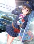  2015 adjusting_eyewear bag belt blue_hat blue_skirt book bow brown_hair company_name copyright_name dutch_angle glasses gloves ground_vehicle handbag hat idol_wars_z lens_flare miku_tono official_art overhead_line pantograph pink_bow purple_eyes skirt solo standing train train_attendant train_station uniform watermark white_gloves 