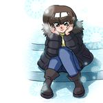  breath brown_eyes brown_hair denim full_body hands_on_own_cheeks hands_on_own_face head_rest jeans knees_together_feet_apart leaning_forward looking_at_viewer pants parka ranma_1/2 short_hair sitting smile snowflakes solo tendou_nabiki turtleneck wanta_(futoshi) winter_clothes 