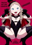  1girl 2016 black_gloves blonde_hair blood blue_eyes cape costume fangs flat_chest gloves halloween hat looking_at_viewer navel open_mouth original partially_visible_anus partially_visible_vulva pussy_juice pussy_juice_drip shiny shiny_hair simple_background solo squatting takatou_sora vampire 