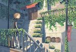  awning brown_eyes brown_hair commentary door leaning_back loudspeaker mailbox_(incoming_mail) open_mouth original plant pot railing sailor_collar shadow short_hair shorts smile solo stairs vines wu_ba_pin 