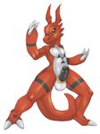  anthro balls circumcised cock_ring digimon erection fighting_stance front_view glans guilmon handpaw knot looking_at_viewer male nude paws penis scalie solo voregence 