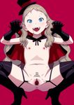  !! 1girl anus black_gloves blonde_hair blood cape clitoris costume english fangs female flat_chest gloves halloween hat looking_at_viewer navel open_mouth original pointless_censoring pussy shiny shiny_skin simple_background solo spread_pussy squatting takatou_sora vampire 