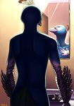  2016 altered_reflection anthro avian bathroom beak bird blue_feathers crest feathers inside knotty_curls male mirror nude orange_eyes peafowl ratte rear_view reflection smile smirk solo standing tail_feathers 