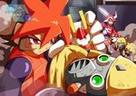  1girl 3boys artist_name atlas bicolor_hair brown_hair capcom gloves innovator123 multicolor_hair multiple_boys orange_hair red_eyes rockman rockman_zx rockman_zx_advent 