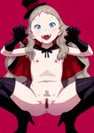  !! 1girl anus black_gloves blonde_hair blood cape clitoris costume english fangs female flat_chest gloves halloween hat looking_at_viewer navel open_mouth original pussy pussy_juice shiny shiny_skin simple_background solo squatting takatou_sora vampire 