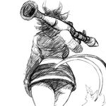  2_tails anthro black_and_white breasts butt clothed clothing demon elbow_gloves gloves halter_top hladilnik horn low-angle_view mammal midriff monochrome multi_tail panties ranged_weapon rear_view rocket_launcher rpg-7 shay_(hladilnik) side_boob simple_background sketch skirt solo underwear upskirt walking weapon 