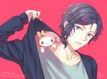  1boy artist_name beauty_mark blue_eyes blue_hair bunny callarinc clothes_pull collarbone hairclip looking_at_viewer low_ponytail male_focus mizuno_yuu mole mole_under_eye my_melody parted_lips pink_background ponytail ribbon sanrio sanrio_danshi simple_background 