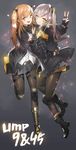  armband black_gloves black_legwear boots brown_eyes brown_hair character_name cross-laced_footwear eyelashes fingerless_gloves fingernails fpanda girls_frontline gloves grey_hair grin hair_between_eyes hair_ribbon hand_on_another's_back heart highres jacket lace-up_boots long_hair looking_at_viewer miniskirt multiple_girls one_side_up open_mouth pantyhose ribbon scar scar_across_eye skirt smile standing standing_on_one_leg teeth thigh_strap twintails ump45_(girls_frontline) ump9_(girls_frontline) v yellow_eyes 