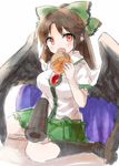  :d arm_cannon bird_wings blush bow breasts brown_hair collared_shirt eating fang food frills furorida hair_bow hamburger holding holding_food large_breasts loafers long_hair looking_at_viewer open_mouth red_eyes reiuji_utsuho sanpaku shirt shoes simple_background sitting sketch skirt smile socks solo third_eye touhou weapon white_background wings 