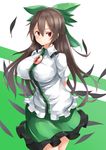  arms_behind_back bad_id bad_pixiv_id black_feathers bow breasts brown_hair closed_mouth cowboy_shot dress_shirt elusya feathers frilled_shirt frilled_shirt_collar frilled_skirt frills green_bow green_skirt hair_between_eyes hair_bow highres large_breasts long_hair looking_at_viewer no_wings puffy_short_sleeves puffy_sleeves red_eyes reiuji_utsuho shirt short_sleeves skirt smile solo third_eye touhou 