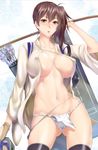  arrow ass_visible_through_thighs black_legwear bow breasts brown_eyes brown_gloves brown_hair collarbone covered_nipples eyebrows eyebrows_visible_through_hair flight_deck fundoshi gloves hair_between_eyes japanese_clothes kaga_(kantai_collection) kantai_collection large_breasts long_hair looking_at_viewer navel no_bra no_pants open_clothes open_mouth quiver shiny shiny_clothes shiny_skin side_ponytail single_glove skindentation solo stomach thighhighs wide_sleeves zucchini 