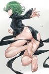  ass barefoot black_dress convenient_censoring curly_hair dress feet full_body green_eyes green_hair highres long_sleeves looking_at_viewer looking_back no_panties one-punch_man outstretched_arm short_hair side_slit silver_background solo tatsumaki wide_sleeves yohan1754 