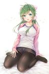  arm_support blush breasts cardigan collarbone eyebrows eyebrows_visible_through_hair green_eyes green_hair hair_between_eyes hair_ornament highres large_breasts long_hair looking_at_viewer open_mouth original pantyhose shirt shorts simple_background sitting solo thighs tokki wariza 