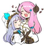  :&lt; :d cloak closed_eyes closed_mouth draph granblue_fantasy hair_over_one_eye heart heart_in_mouth hood hooded_cloak horns hug jpeg_artifacts lily_(granblue_fantasy) lowres multiple_girls narmaya_(granblue_fantasy) open_mouth pointy_ears shida_(xwheel) simple_background smile triangle_mouth v-shaped_eyebrows white_background 
