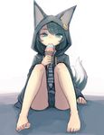 animal_ears animal_hood arm_support badge bangs bare_legs barefoot bee_(deadflow) blue_eyes blue_hair body_blush button_badge clenched_hand eating eyebrows eyebrows_visible_through_hair feet food fox_ears fox_tail full_body holding holding_food hood ice_cream ice_cream_cone jacket looking_at_viewer original shirt sitting sketch smiley_face solo striped striped_shirt swept_bangs tail toes tongue tongue_out unzipped white_background 