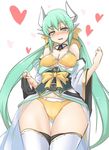  aqua_hair bare_shoulders bikini blush bow breasts cleavage fate/grand_order fate_(series) from_below groin hair_bow heart horns japanese_clothes kiyohime_(fate/grand_order) kiyohime_(swimsuit_lancer)_(fate) large_breasts long_hair looking_at_viewer momio ponytail ribbon smile solo swimsuit thigh_gap thighhighs underboob white_legwear wide_hips yellow_eyes 