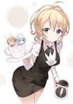  ahoge angry animal animal_on_head aoyama_blue_mountain bartender blonde_hair blue_hair bow bowtie bunny bunny_on_head coffee coffee_pot cup gochuumon_wa_usagi_desu_ka? grey_eyes hair_ornament highres holding hoto_cocoa in_container in_cup kafuu_chino leaning_forward looking_at_viewer minigirl on_head pencil_skirt ponytail saucer shiny shiny_skin short_hair skirt skirt_set smile solo striped striped_bow tippy_(gochiusa) vest white_background 