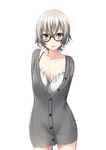  bad_id bad_pixiv_id blush cardigan glasses grey_eyes grey_hair nekobaka original short_hair simple_background solo standing 