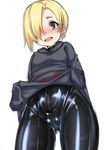  :d ass_visible_through_thighs ayuayu_(shouyu_no_sato) black_bodysuit blonde_hair blush bodysuit cameltoe covered_navel cowboy_shot earrings from_below grey_hoodie hair_over_one_eye hood hood_down hoodie hoodie_lift idolmaster idolmaster_cinderella_girls jewelry latex lifted_by_self long_sleeves looking_at_viewer looking_down nose_blush open_mouth red_eyes shiny shiny_clothes shirasaka_koume short_hair skin_tight sleeves_past_wrists smile solo standing tareme 