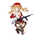 beret blonde_hair bow bow_bra bra breasts brown_footwear cleavage girls_frontline hat large_breasts looking_at_viewer mary_janes official_art shoes solo sten_gun sten_mk2_(girls_frontline) torn_clothes twintails underwear wince yellow_bra yellow_eyes 
