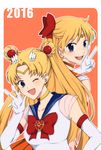  aino_minako back-to-back bad_id bad_pixiv_id bishoujo_senshi_sailor_moon blonde_hair blue_eyes blue_sailor_collar bow choker circlet crescent crescent_earrings double_bun earrings elbow_gloves gloves hair_bow hair_ornament jewelry kiryuu_ryou long_hair miniskirt open_mouth orange_choker pleated_skirt sailor_collar sailor_moon sailor_senshi_uniform sailor_venus skirt smile super_sailor_moon tsukino_usagi twintails v white_gloves yellow_choker 