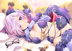  animal_ears bat_hair_ornament bed_sheet blush breasts closed_mouth crescent dangerous_beast fate/grand_order fate_(series) food_themed_hair_ornament fur fur_trim glasses gloves hair_ornament hair_over_one_eye halloween_costume jack-o'-lantern kimitoshiin large_breasts looking_at_viewer lying mash_kyrielight navel on_bed on_side panties pillow pumpkin_hair_ornament purple_eyes purple_gloves purple_hair purple_legwear smile solo tail thighhighs underwear 